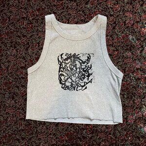 Abstract skull linocut print on cropped grey Aerie tank top